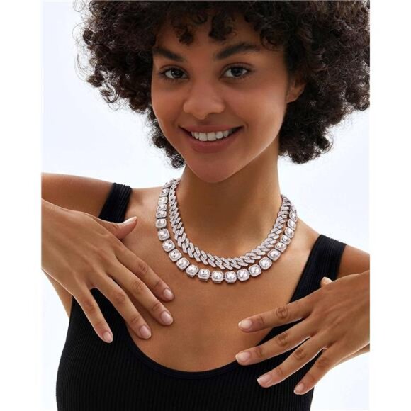 Layered Silver Diamond Cuban & Tennis Chain Set | Iced Out Hip Hop Necklace - Picture 3 of 4